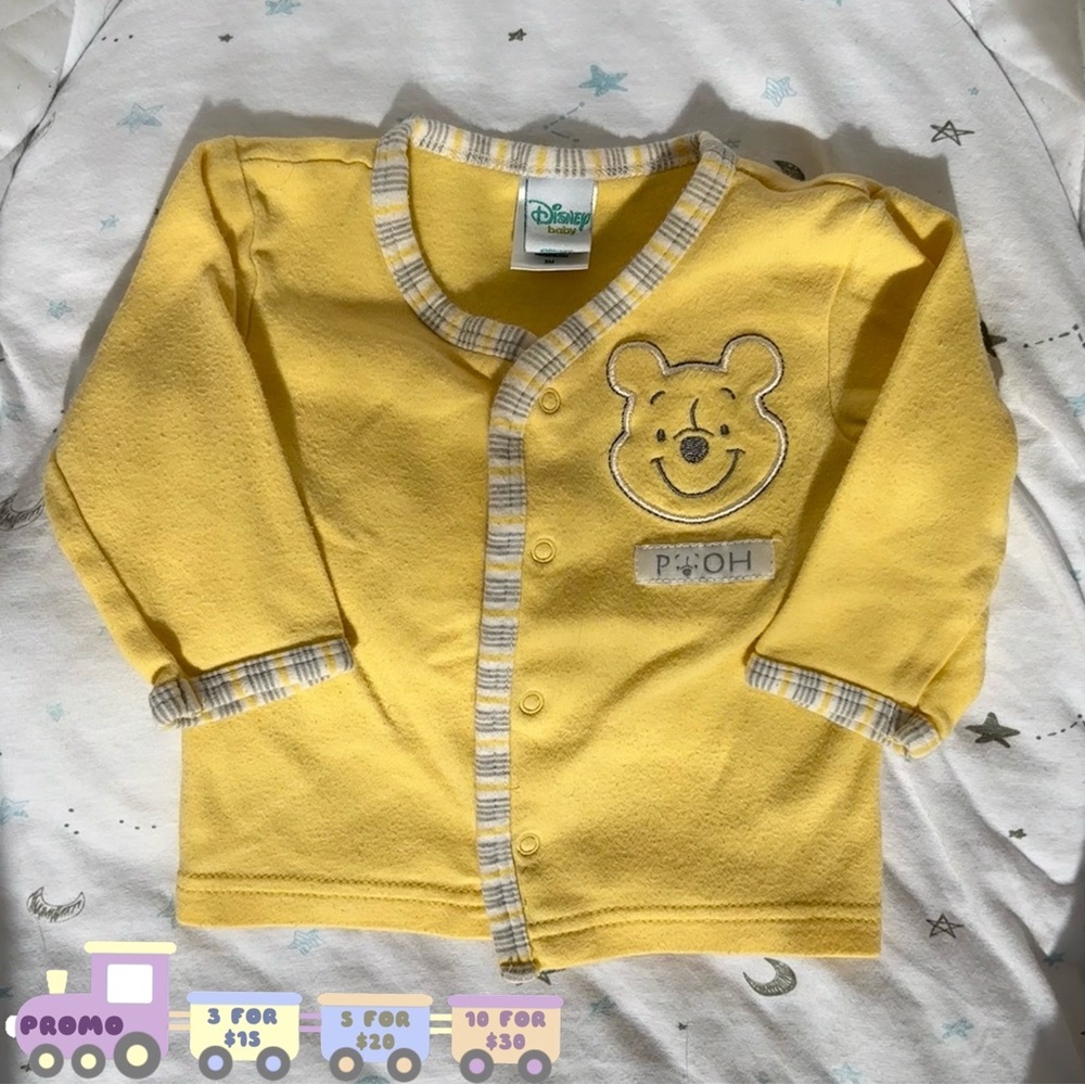 ⭒ 3M Winnie The Pooh Disney Yellow Button Up Long Sleeve Embroidered Striped ⭒